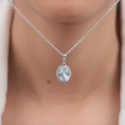 Silver Halo Blue Topaz Pendant With Link Chain