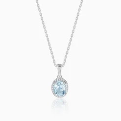Silver Halo Blue Topaz Pendant With Link Chain