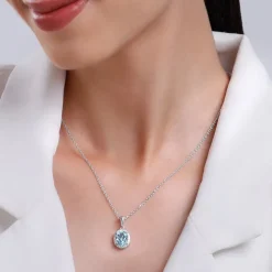 Silver Halo Blue Topaz Pendant With Link Chain