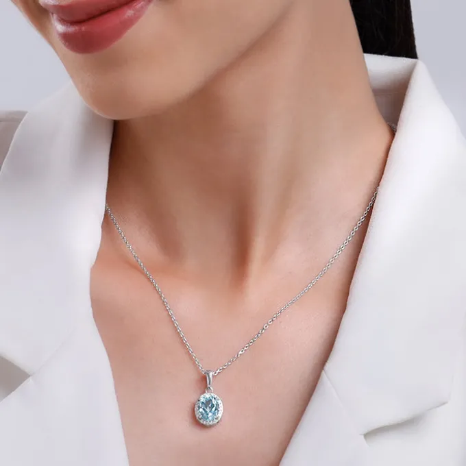 Silver Halo Blue Topaz Pendant With Link Chain