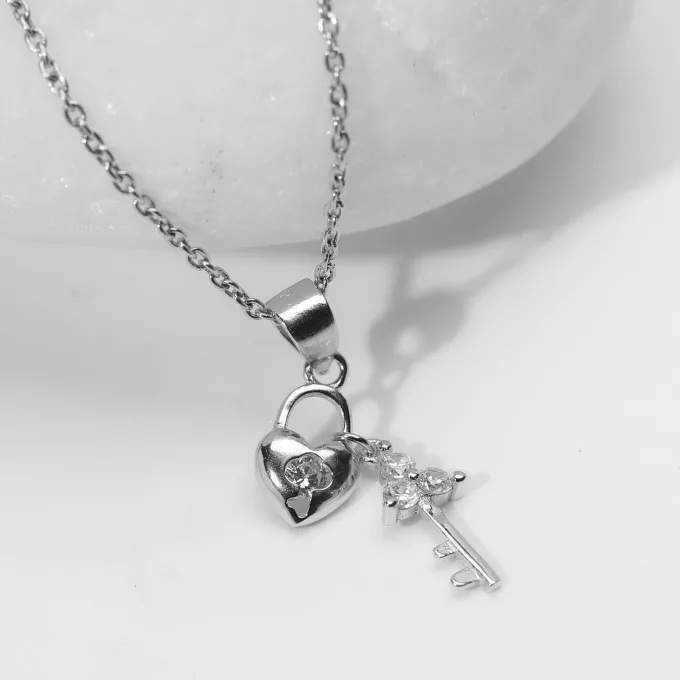 Silver Heart Lock Pendant with Link Chain