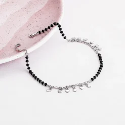 Silver Hearts & Black Beads Anklet
