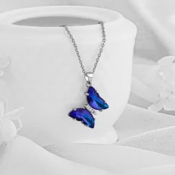 Silver Midnight Blue Butterfly Pendant With Link Chain