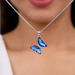 Silver Midnight Blue Butterfly Pendant With Link Chain