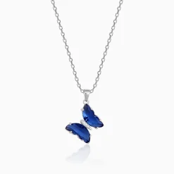 Silver Midnight Blue Butterfly Pendant With Link Chain