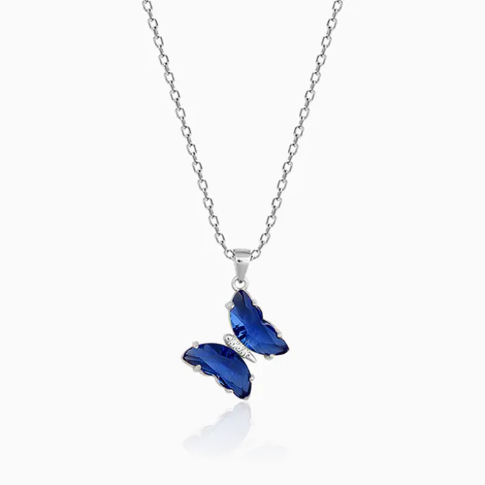 Silver Midnight Blue Butterfly Pendant With Link Chain