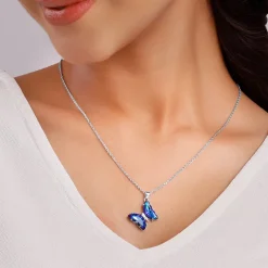 Silver Midnight Blue Butterfly Pendant With Link Chain