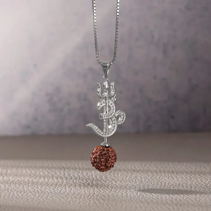 Silver Om Trishul Rudraksha Pendant With Box Chain For Him