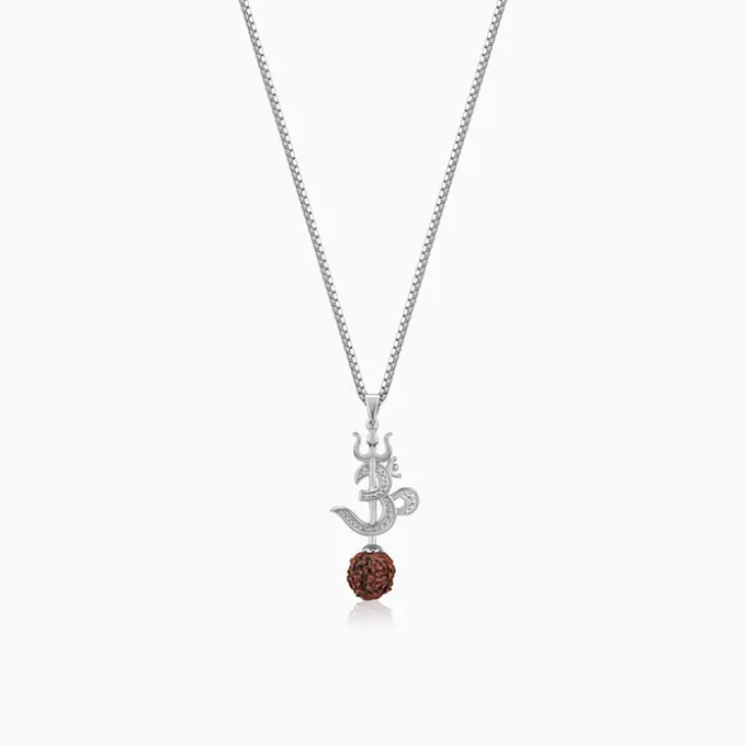 Silver Om Trishul Rudraksha Pendant With Box Chain For Him