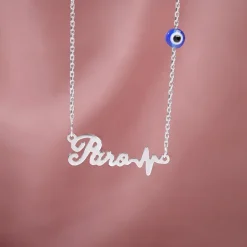 Silver Personalised Evil Eye Heartbeat Necklace