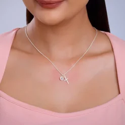Silver Personalised Halo Cross Pendant With Link Chain