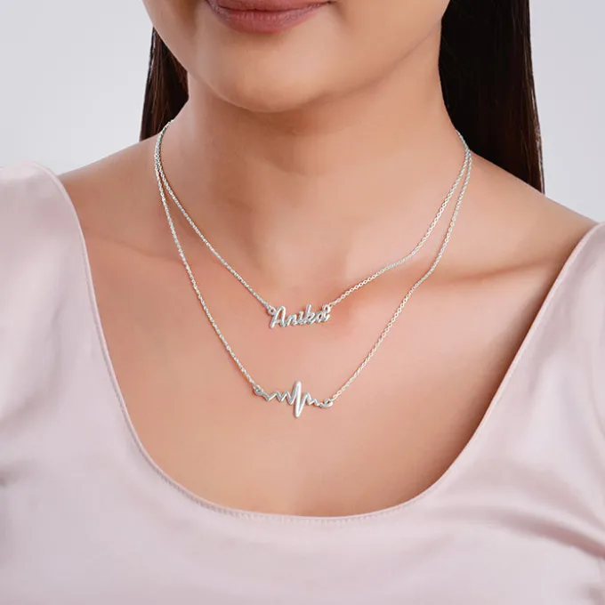 Silver Personalised Heartbeat Layered Necklace