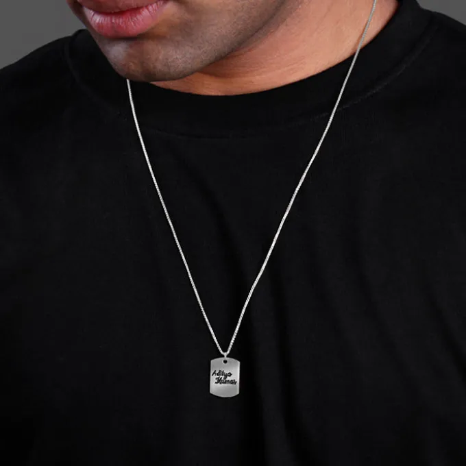 Silver Personalised Military Dog Tag Pendant with Box Chain For Him