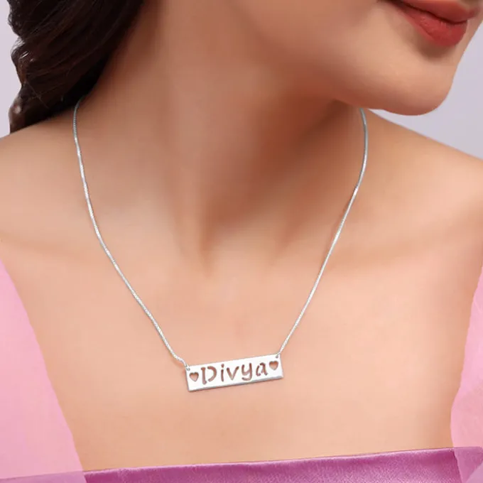 Silver Personalised Name Engraved with Love Necklace