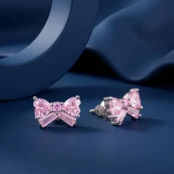 Silver Pink Bow Stud Earrings