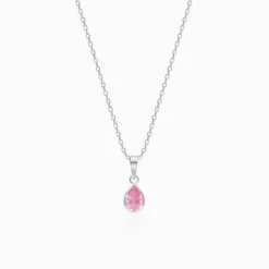 Silver Pink Drop Pendant With Link Chain