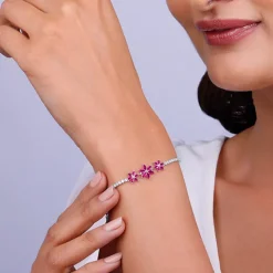 Silver Pink Floral Tennis Bracelet