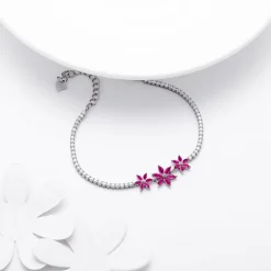 Silver Pink Floral Tennis Bracelet