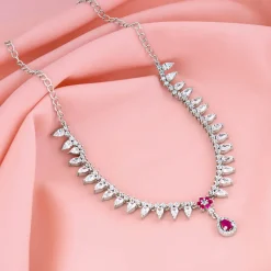 Silver Pink Flower Drop Necklace