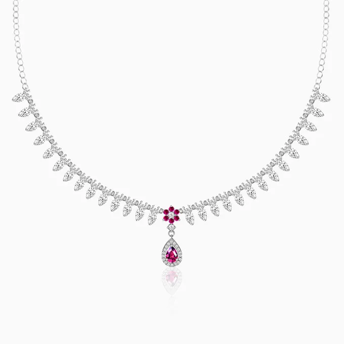 Silver Pink Flower Drop Necklace