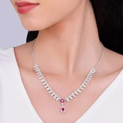 Silver Pink Flower Drop Necklace