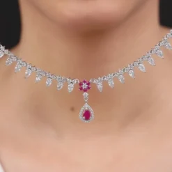 Silver Pink Flower Drop Necklace