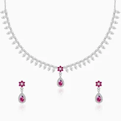 Silver Pink Flower Drop Solitaire Set