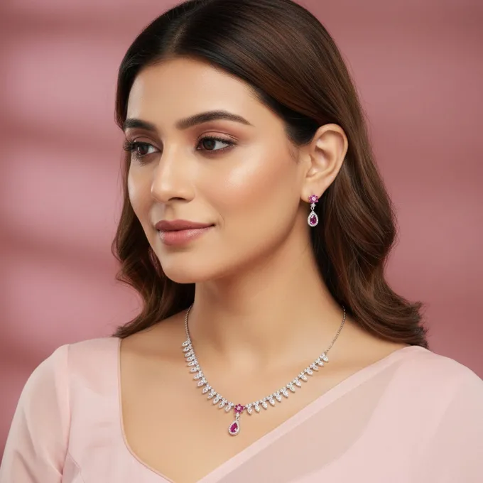 Silver Pink Flower Drop Solitaire Set