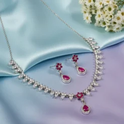 Silver Pink Flower Drop Solitaire Set