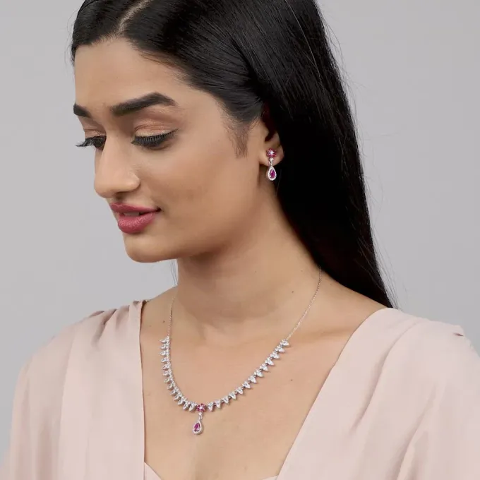 Silver Pink Flower Drop Solitaire Set