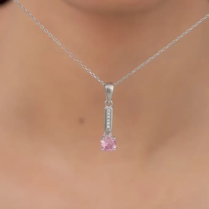 Silver Pink Glam Pendant With Link Chain