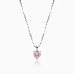 Silver Pink Heart Pendant with Link Chain