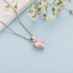 Silver Pink Heart Pendant with Link Chain