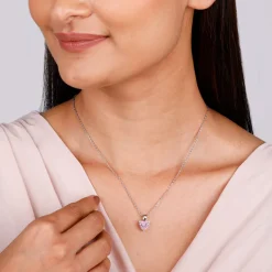 Silver Pink Heart Pendant with Link Chain