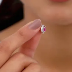 Silver Pink Oval Halo Studs