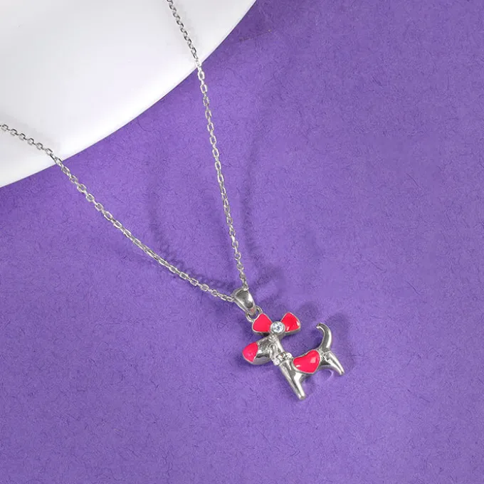 Silver Pink Puppy Kids Pendant With Link Chain