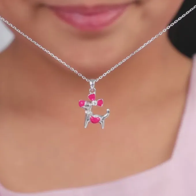 Silver Pink Puppy Kids Pendant With Link Chain