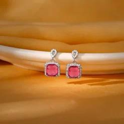 Silver Pink Square Earrings