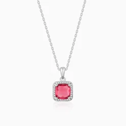Silver Pink Square Pendant With Link Chain