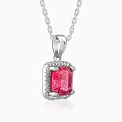 Silver Pink Square Pendant With Link Chain