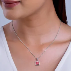 Silver Pink Square Pendant With Link Chain
