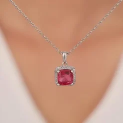 Silver Pink Square Pendant With Link Chain
