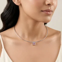 Silver Pink Zircon Square Hasli Necklace