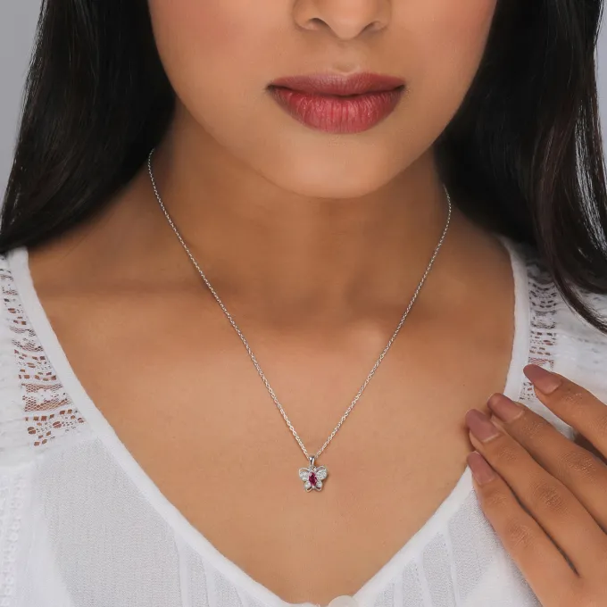 Silver Pop Pink Studded Butterfly Pendant With Link Chain