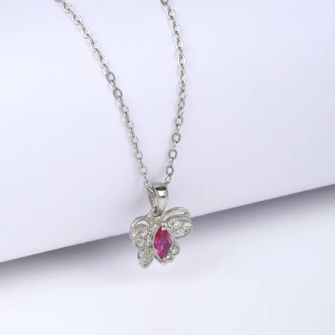 Silver Pop Pink Studded Butterfly Pendant With Link Chain