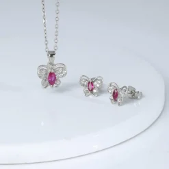 Silver Pop Pink Studded Butterfly Pendant Set