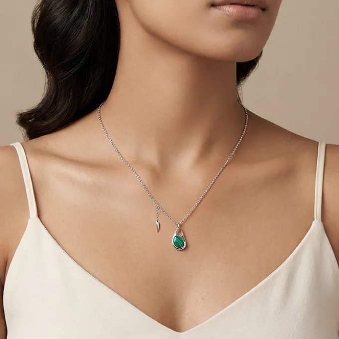 Silver Prism in Green Pendant With Link Chain