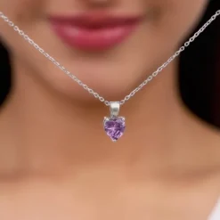 Silver Purple Heart Pendant with Link Chain