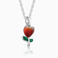 Silver Red Roses Pendant With Link Chain