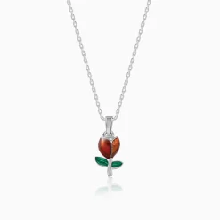 Silver Red Roses Pendant With Link Chain